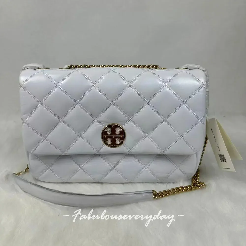 Tory Burch Willa Glazed Quilted Shoulder Bag Leather/White Chain Strap 156132